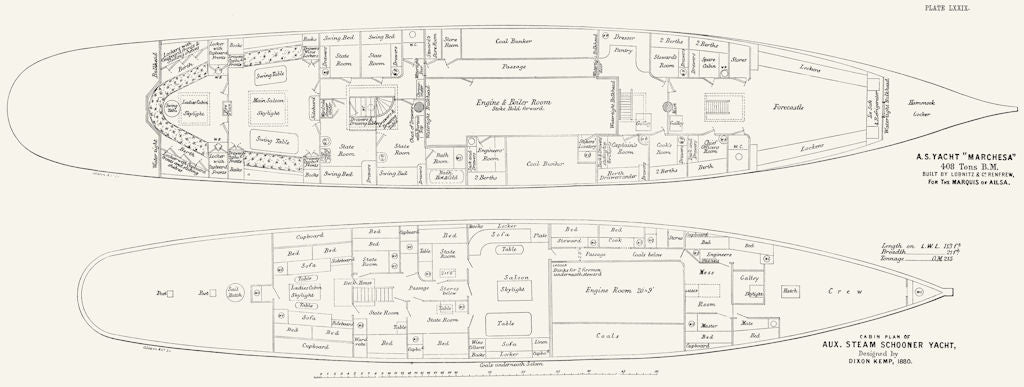 STEAM YACHT CABIN PLAN. 'Marchesa', Lobnitz, Renfrew 1891 old antique print